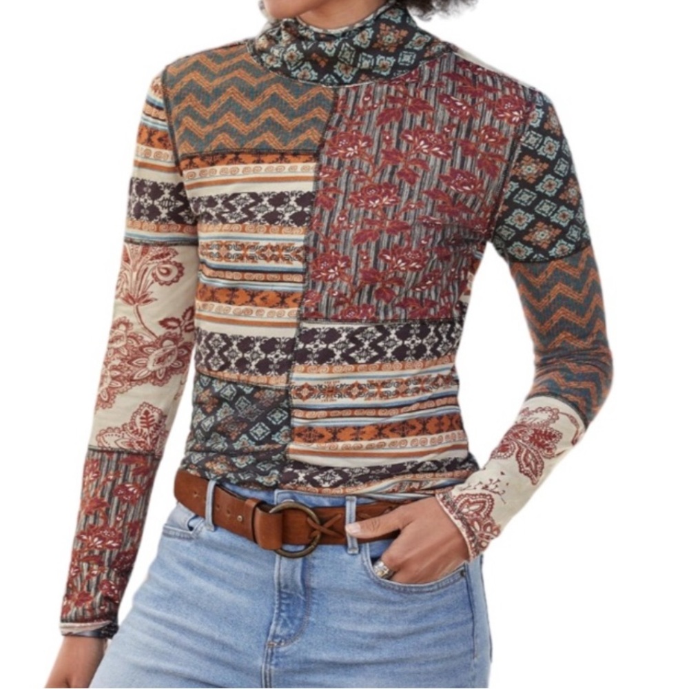 Sundance Patchwork Melody Top Bohemian Ls Cowl Neck Lightweight Knit Sz XL - Picture 3 of 14